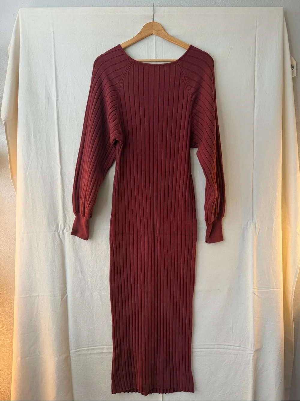 Free People Ribbed V-Neck Long Sleeve Dress in Rust